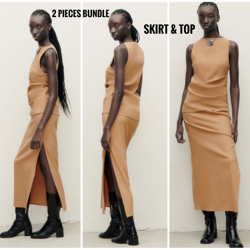 Zara stretching ruched caramel COORD SET skirt and top , 2 pieces